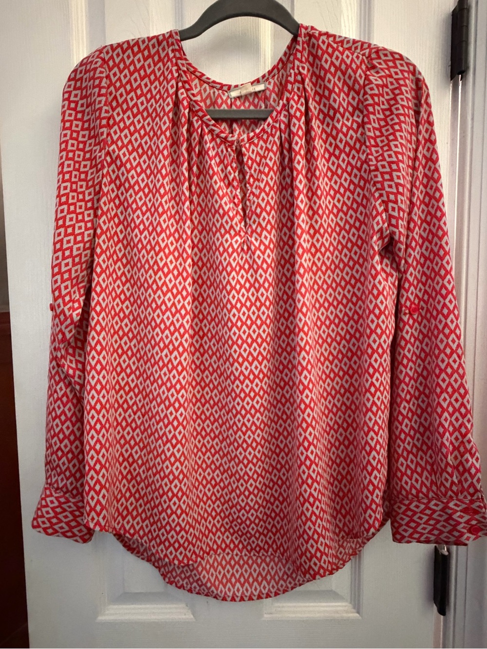 Pleione -Women's Red Geometric Long-Sleeve Blouse